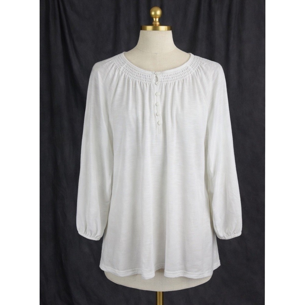 L. L. Bean Popover Top Smocked Neck White Soft Lyocell Knit Size L Petite